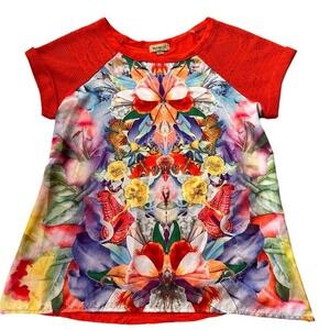 One World Butterfly Floral Print Top Women Size S Orange Crochet Lace Excellent